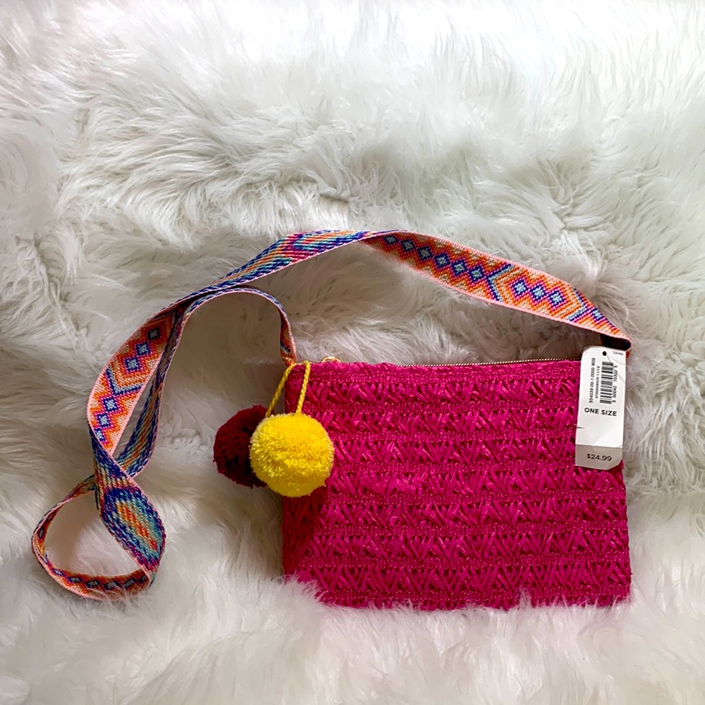 Little Girls Crossbody Purse. Pink with Pom-Poms. One size. Adorable.